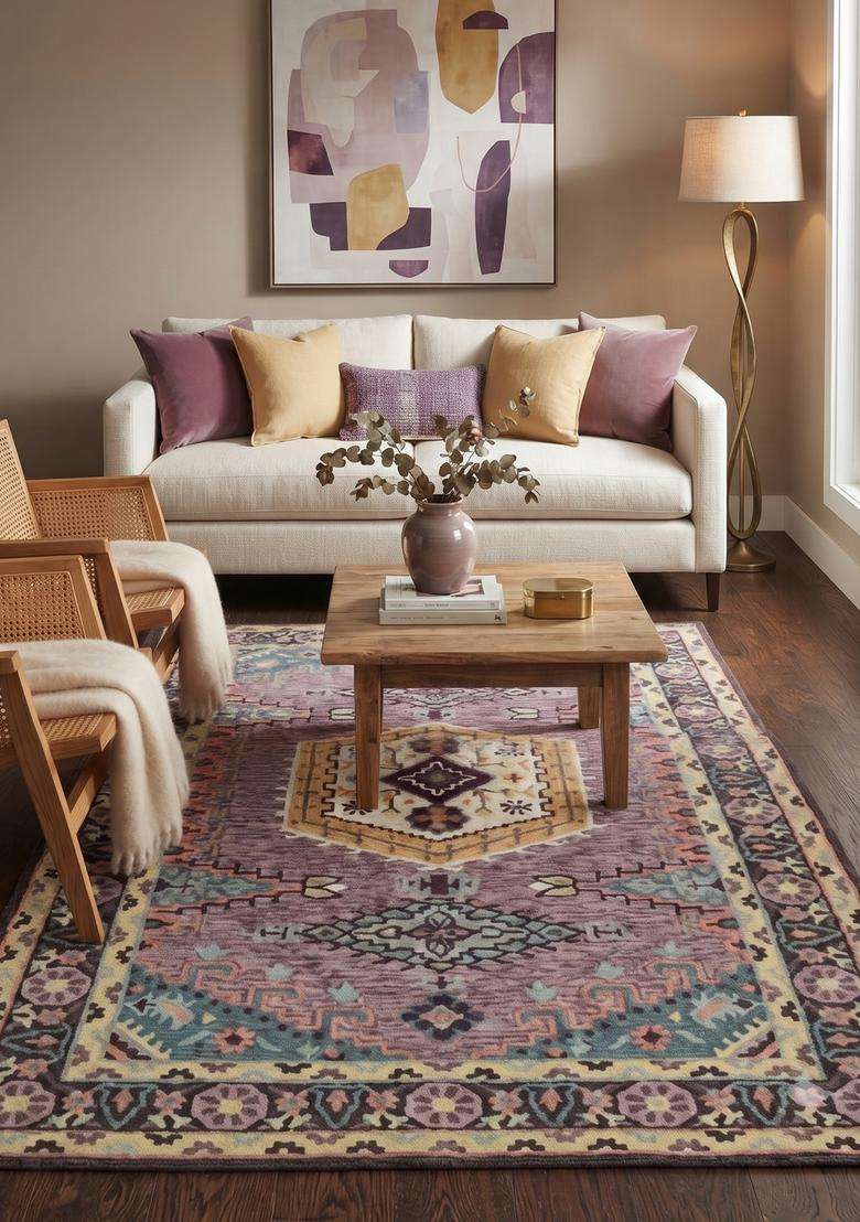 Saffron Rugs Mauve Purple Oriental Geometric Hand Tufted Wool Rectangular Rug - Indya
