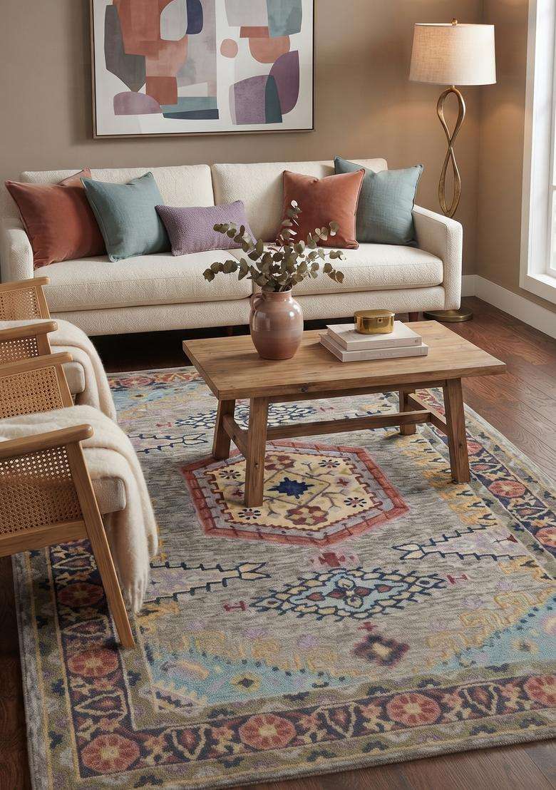 Saffron Rugs Multicolor Oriental Geometric Hand Tufted Wool Rectangular Rug - Indya