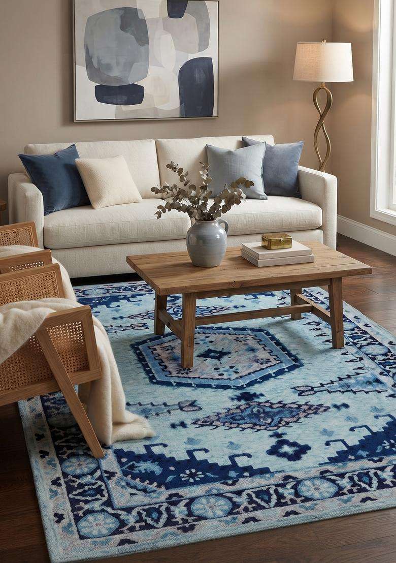 Saffron Rugs Hand-Tufted 100% Wool Area Rug | Light Blue Rectangular Rug | Cotton Backing | Oriental Geometric Carpet for Living Room - Indya