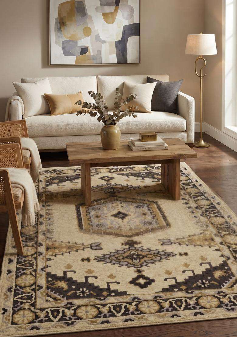 Saffron Rugs Hand-Tufted 100% Wool Area Rug | Cream Beige Rectangular Rug | Cotton Backing | Oriental Geometric Carpet for Living Room - Indya