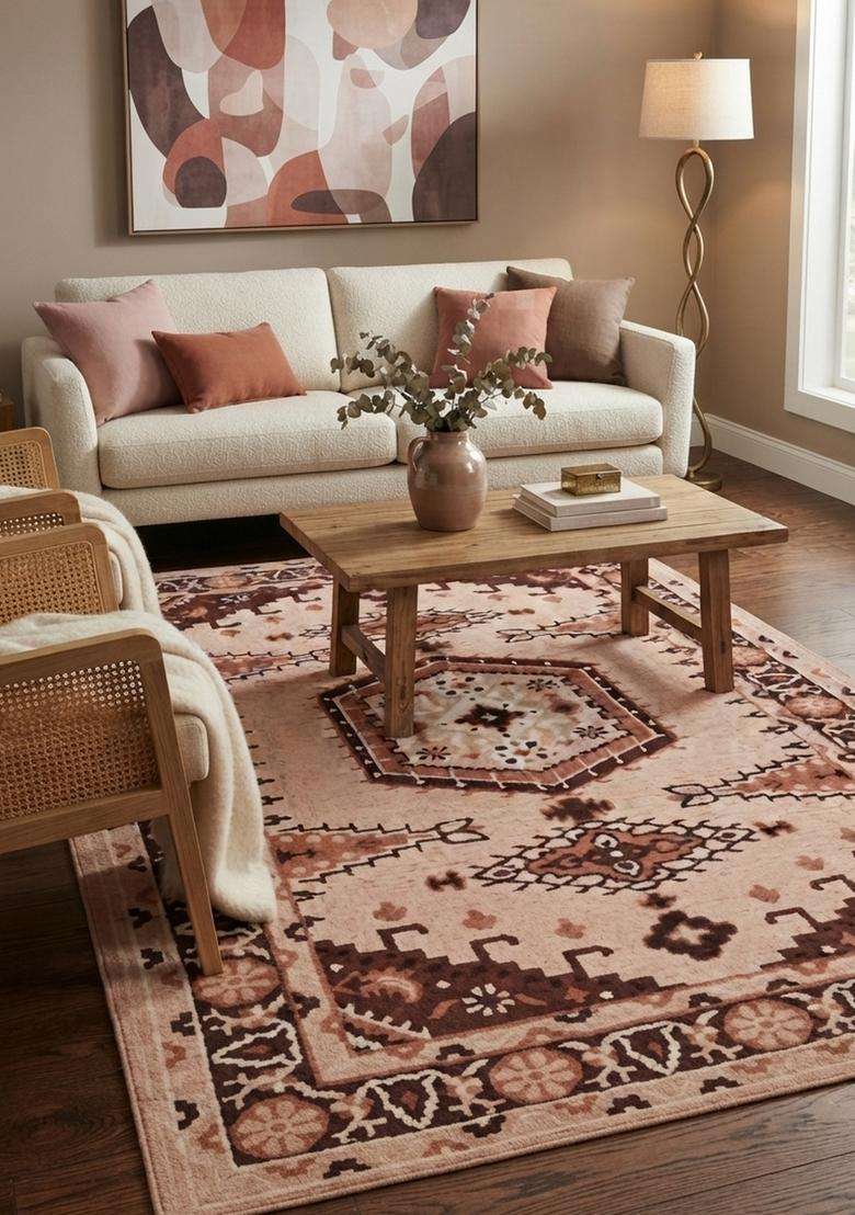 Saffron Rugs Dusty Rose Oriental Geometric Hand Tufted Wool Rectangular Rug - Indya
