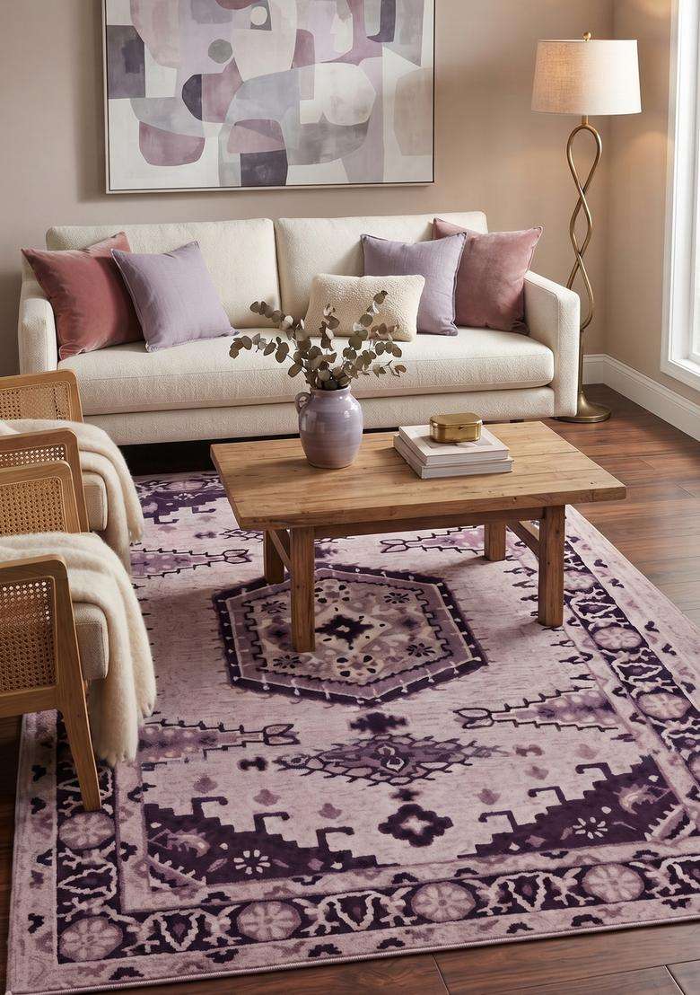 Saffron Rugs Hand-Tufted 100% Wool Area Rug | Mauve Purple Rectangular Rug | Cotton Backing | Oriental Geometric Carpet for Living Room - Indya