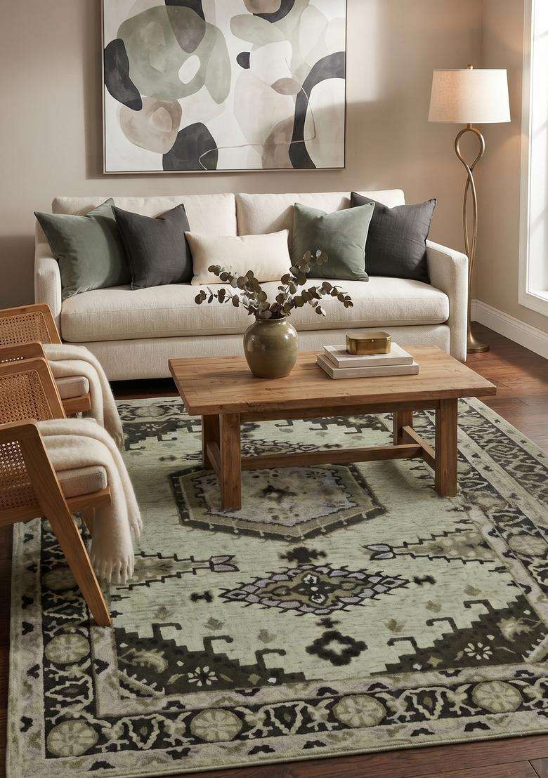 Saffron Rugs Hand-Tufted 100% Wool Area Rug | Sage Green Rectangular Rug | Cotton Backing | Moroccan Geometric Carpet for Living Room - Indya