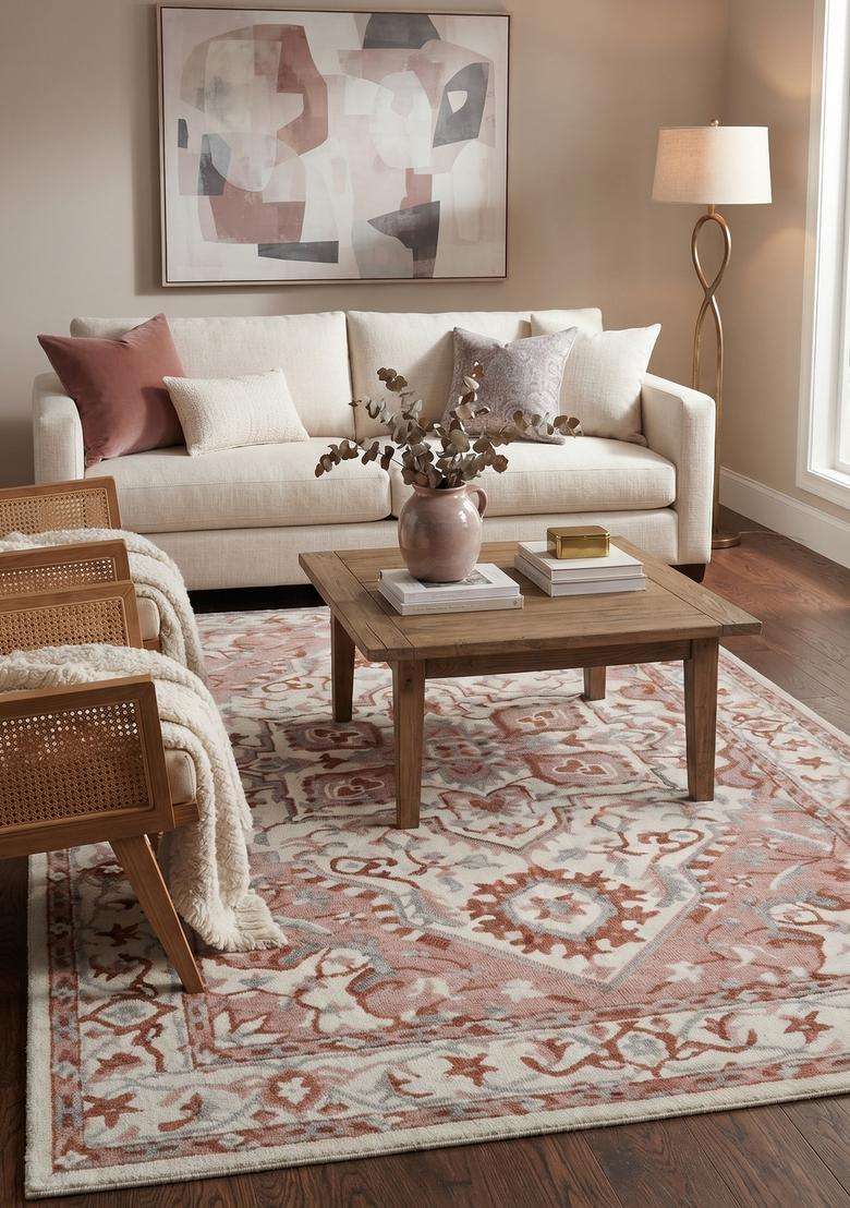 Saffron Rugs Hand-Tufted 100% Wool Area Rug | Terracotta Rectangular Rug | Cotton Backing | Oriental Floral Carpet for Living Room - Indya