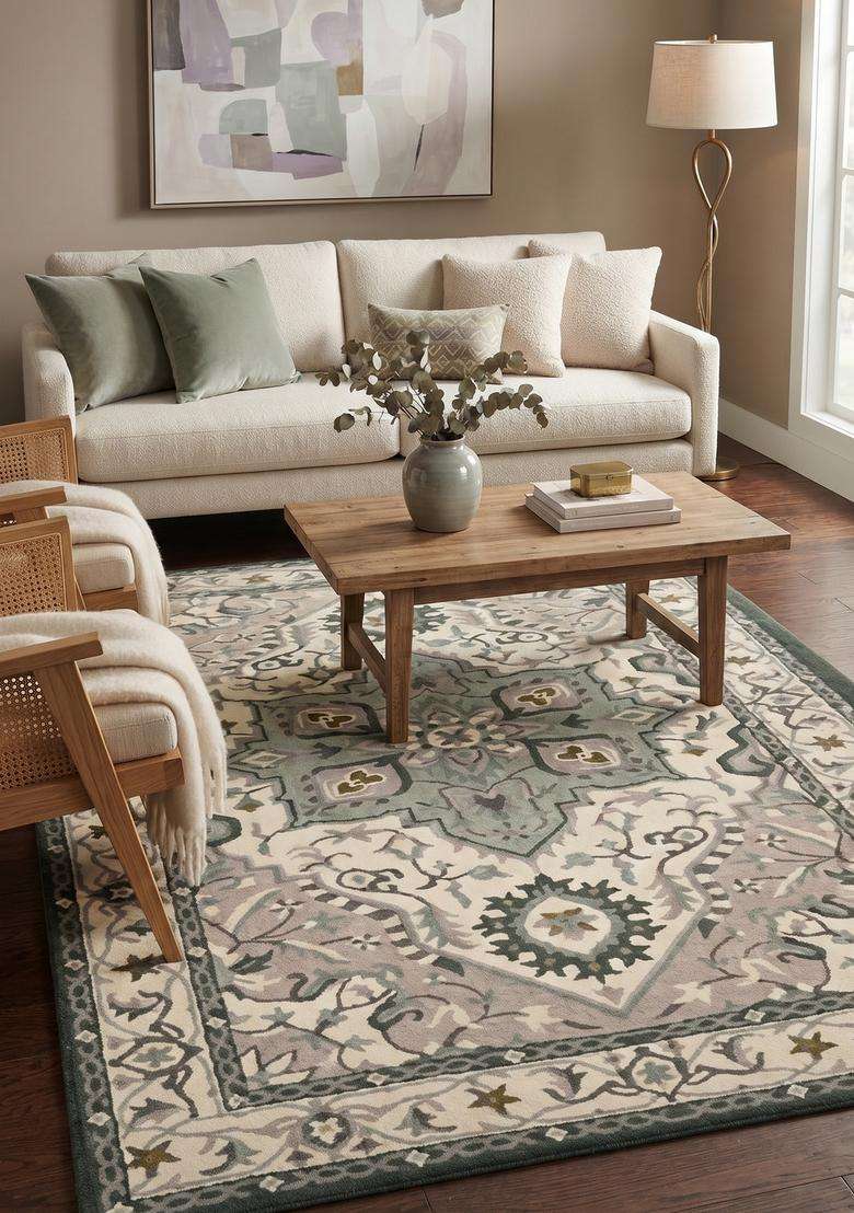 Saffron Rugs Hand-Tufted 100% Wool Area Rug | Cream and Sage Rectangular Rug | Cotton Backing | Classic Floral Carpet for Living Room - Indya