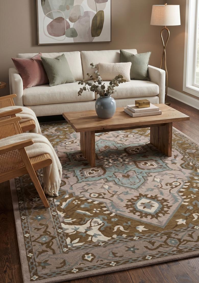 Saffron Rugs Beige Blue Brown Oriental Geometric Hand Tufted Wool Rectangular Rug - Indya