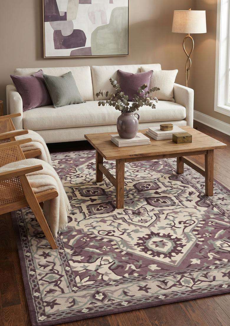 Saffron Rugs Hand-Tufted 100% Wool Area Rug | Purple Cream Rectangular Rug | Cotton Backing | Oriental Geometric Carpet for Living Room - Indya