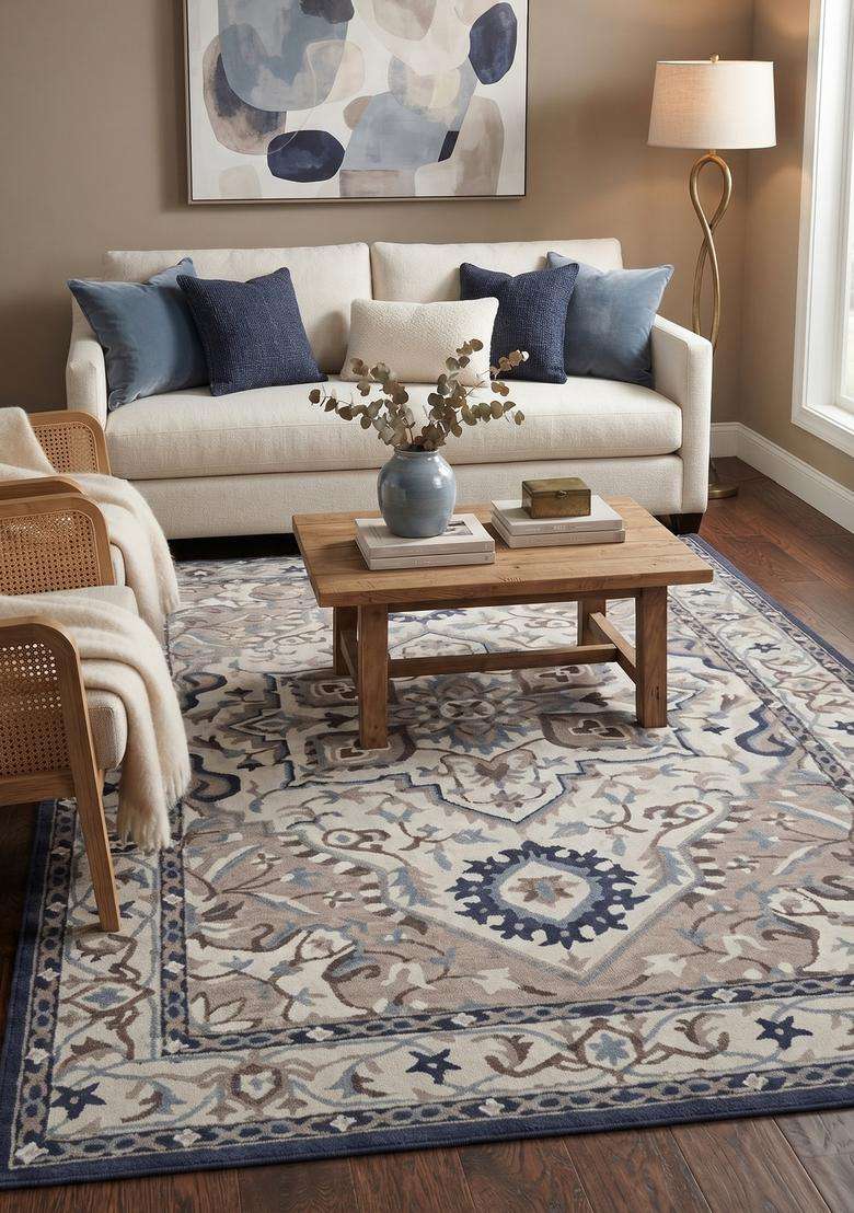 Saffron Rugs Hand-Tufted 100% Wool Area Rug | Grey Blue Beige Rectangular Rug | Cotton Backing | Oriental Floral Carpet for Living Room - Indya