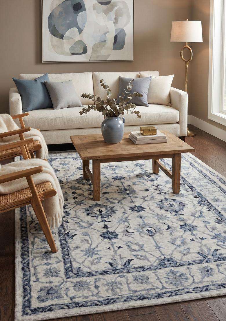 Saffron Rugs Blue Grey Oriental Floral Hand Tufted Wool Rectangular Rug - Indya