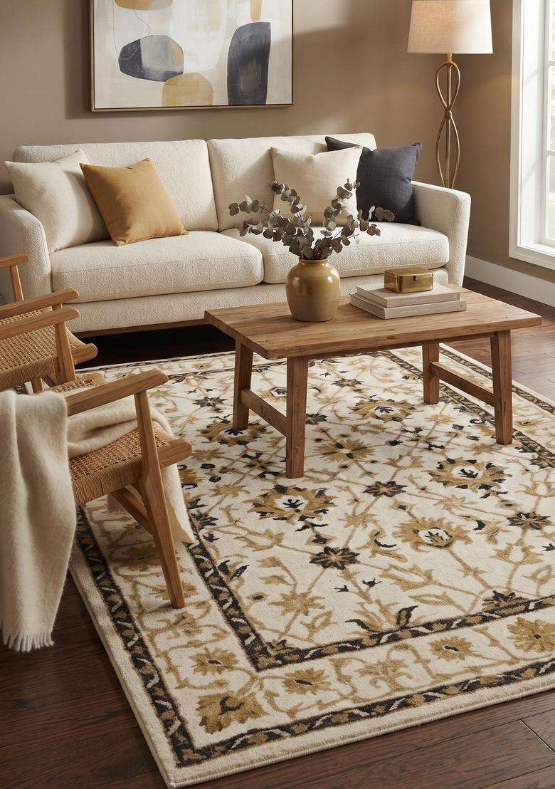 Saffron Rugs Ivory Gold Classic Floral Hand Tufted Wool Rectangular Rug - Indya