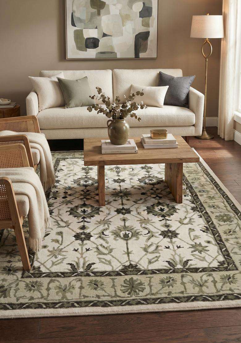 Saffron Rugs Hand-Tufted 100% Wool Area Rug | Cream Rectangular Rug | Cotton Backing | Transitional Floral Carpet for Living Room - Indya