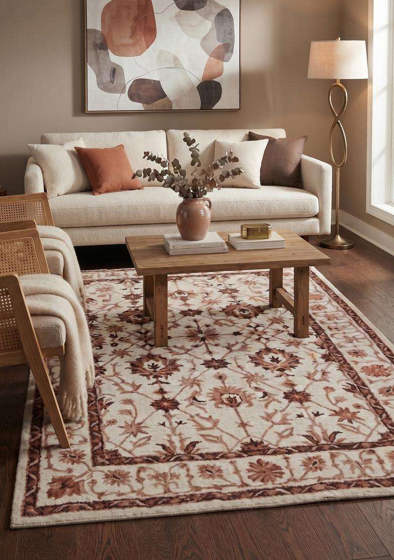 Saffron Rugs Hand-Tufted 100% Wool Area Rug | Ivory Rectangular Rug | Cotton Backing | Classic Floral Carpet for Living Room - Indya