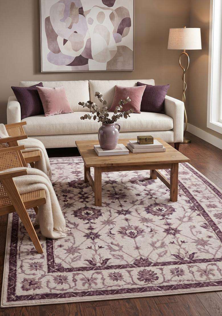 Saffron Rugs Hand-Tufted 100% Wool Area Rug | Cream Purple Rectangular Rug | Cotton Backing | Oriental Floral Carpet for Living Room - Indya