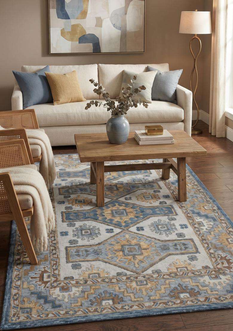 Saffron Rugs Hand-Tufted 100% Wool Area Rug | Blue Beige Multicolor Rectangular Rug | Cotton Backing | Oriental Geometric Carpet for Living Room - Indya
