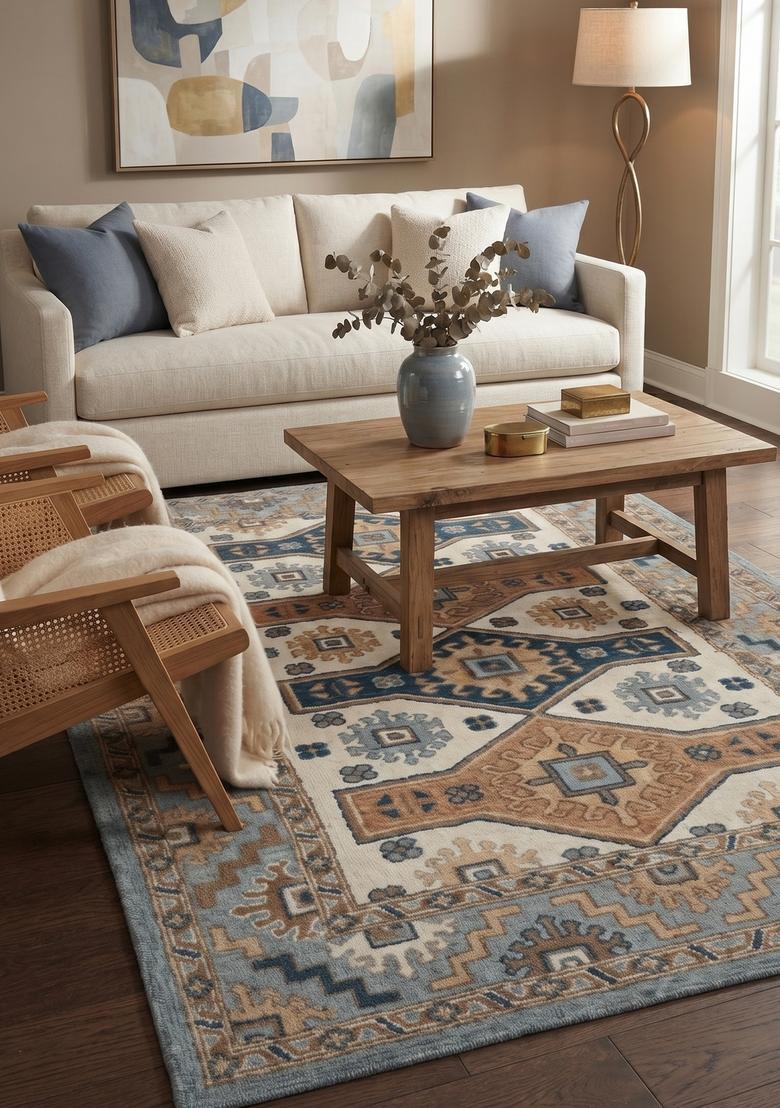 Saffron Rugs Ivory Blue Tan Oriental Geometric Hand Tufted Wool Rectangular Rug - Indya
