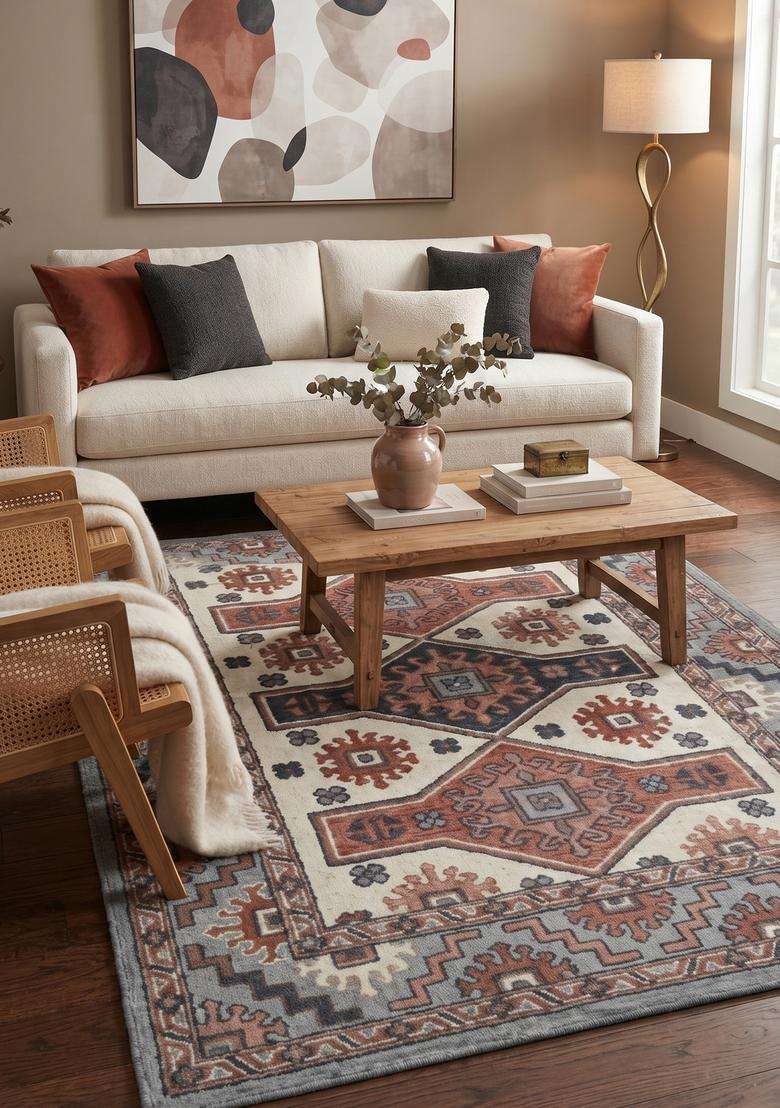 Saffron Rugs Cream Terracotta Blue Oriental Geometric Hand Tufted Wool Rectangular Rug - Indya