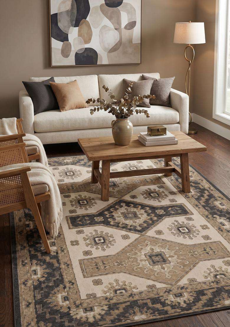 Saffron Rugs Hand-Tufted 100% Wool Area Rug | Cream and Grey Rectangular Rug | Cotton Backing | Classic Geometric Carpet for Living Room - Indya
