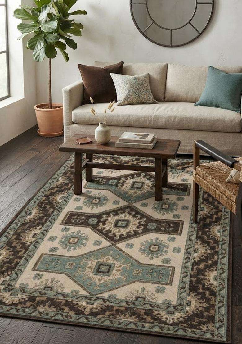 Saffron Rugs Hand-Tufted 100% Wool Area Rug | Beige Brown Blue Rectangular Rug | Cotton Backing | Oriental Geometric Carpet for Living Room - Indya