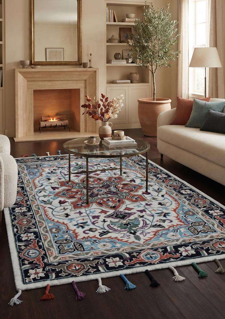 Saffron Rugs Hand-Tufted 100% Wool Area Rug | Cream and Navy Rectangular Rug | Cotton Backing | Oriental Floral Carpet for Living Room - Indya