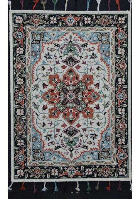 Saffron Rugs Hand-Tufted 100% Wool Area Rug | Cream and Navy Rectangular Rug | Cotton Backing | Oriental Floral Carpet for Living Room