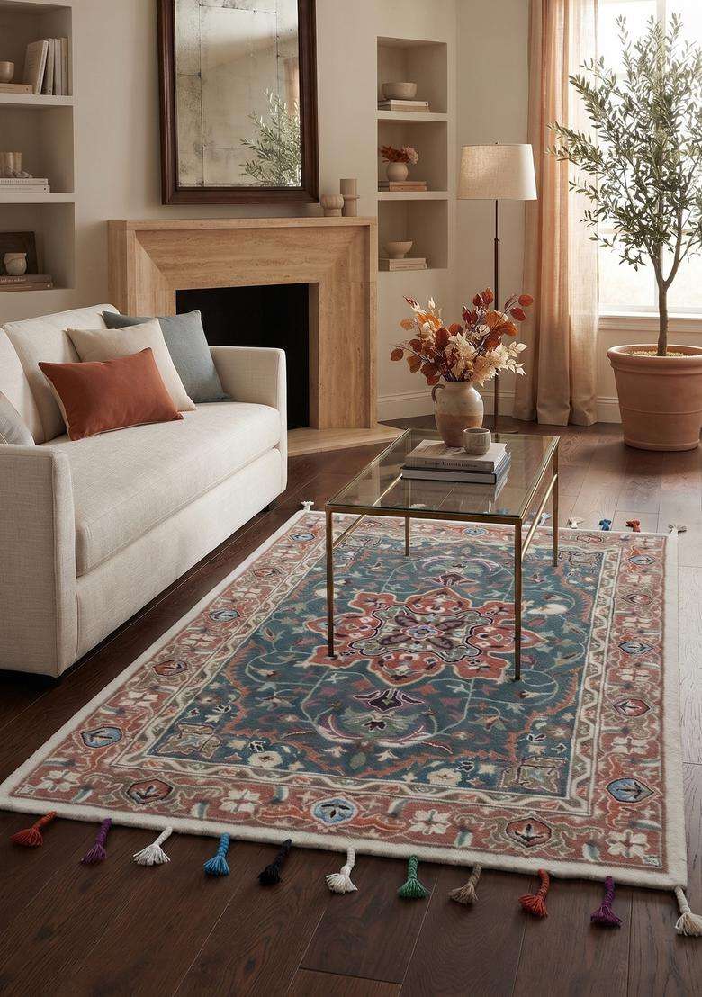 Saffron Rugs Hand-Tufted 100% Wool Area Rug | Teal Blue Rectangular Rug | Cotton Backing | Oriental Floral Carpet for Living Room - Indya