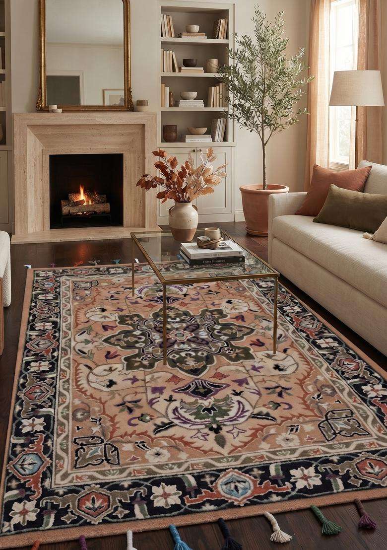 Saffron Rugs Hand-Tufted 100% Wool Area Rug | Beige Rectangular Rug | Cotton Backing | Oriental Floral Carpet for Living Room - Indya