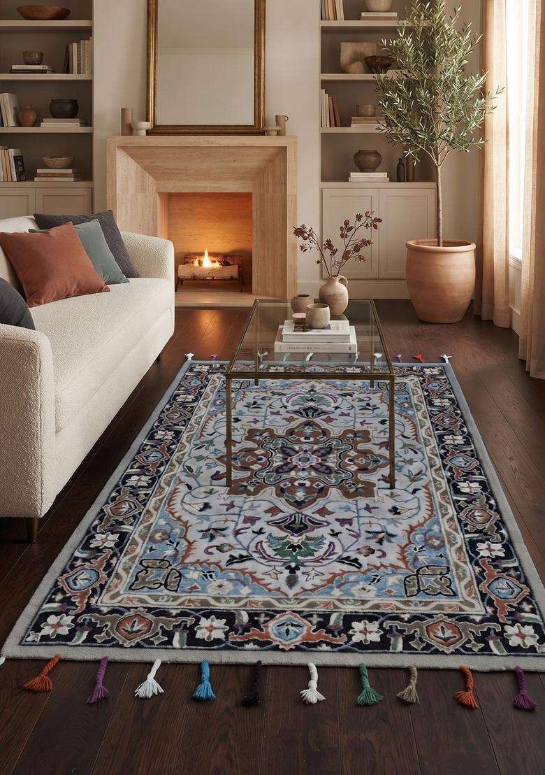 Saffron Rugs Light Blue Grey Oriental Floral Hand Tufted Wool Rectangular Rug - Indya