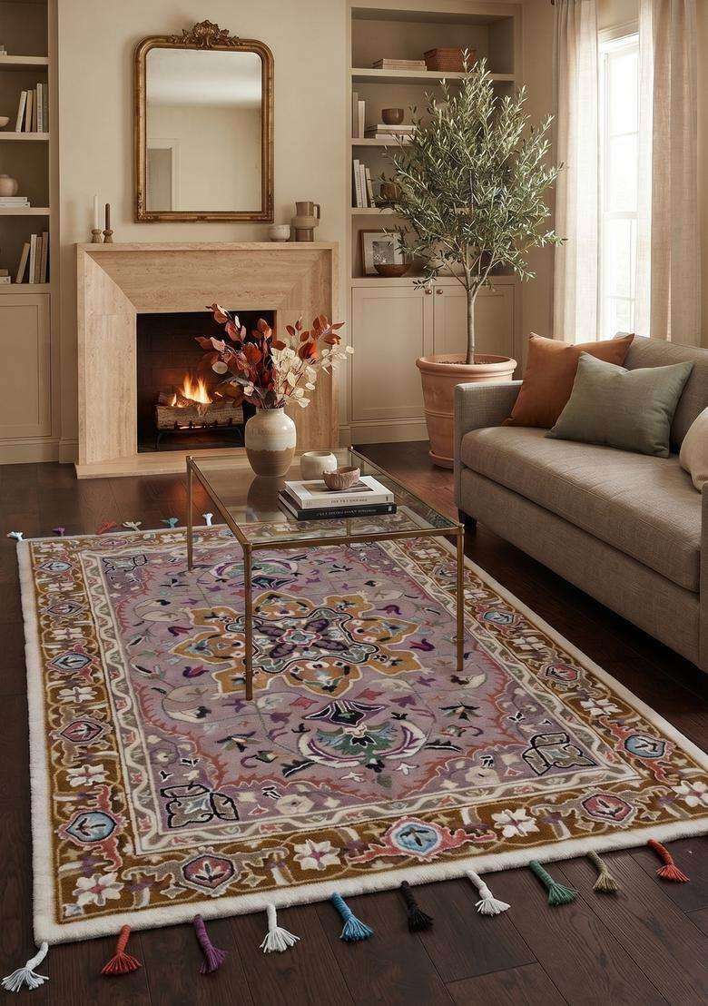 Saffron Rugs Hand-Tufted 100% Wool Area Rug | Lavender Purple Rectangular Rug | Cotton Backing | Oriental Floral Carpet for Living Room - Indya