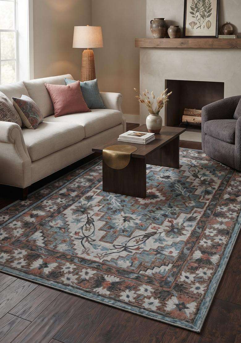Saffron Rugs Blue Grey Oriental Geometric Hand Tufted Wool Rectangular Rug - Indya