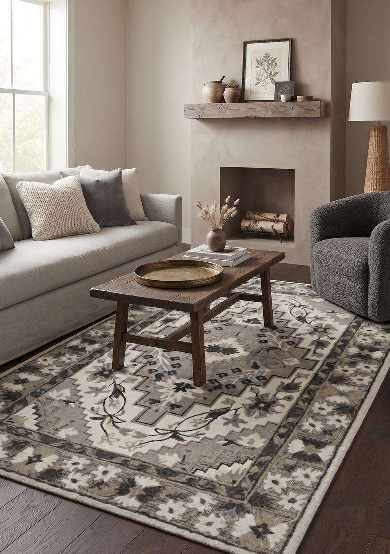 Saffron Rugs Grey Oriental Geometric Hand Tufted Wool Rectangular Rug - Indya