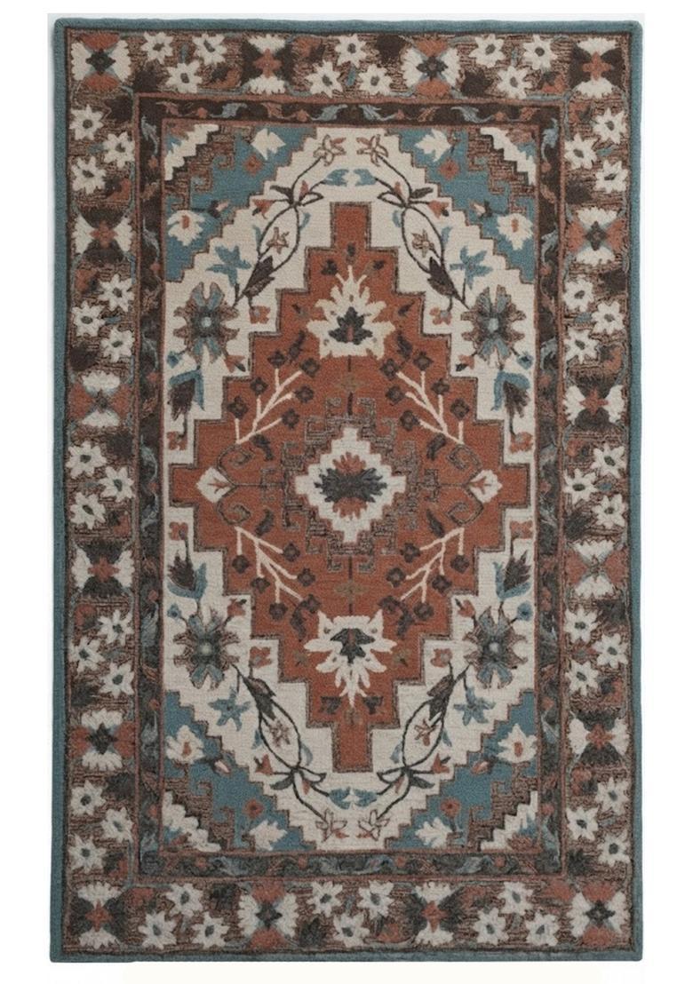 Saffron Rugs Terracotta Brown Oriental Floral Hand Tufted Wool Rectangular Rug - Indya