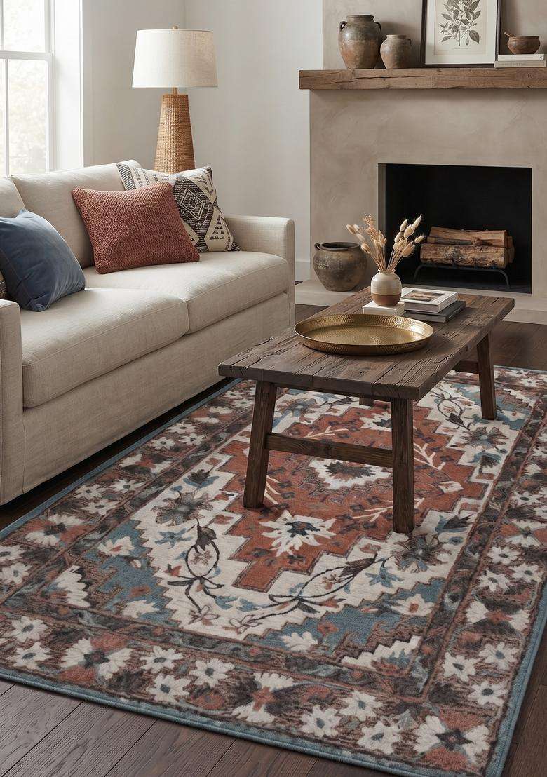 Saffron Rugs Hand-Tufted 100% Wool Area Rug | Terracotta Brown Rectangular Rug | Cotton Backing | Oriental Floral Carpet for Living Room - Indya
