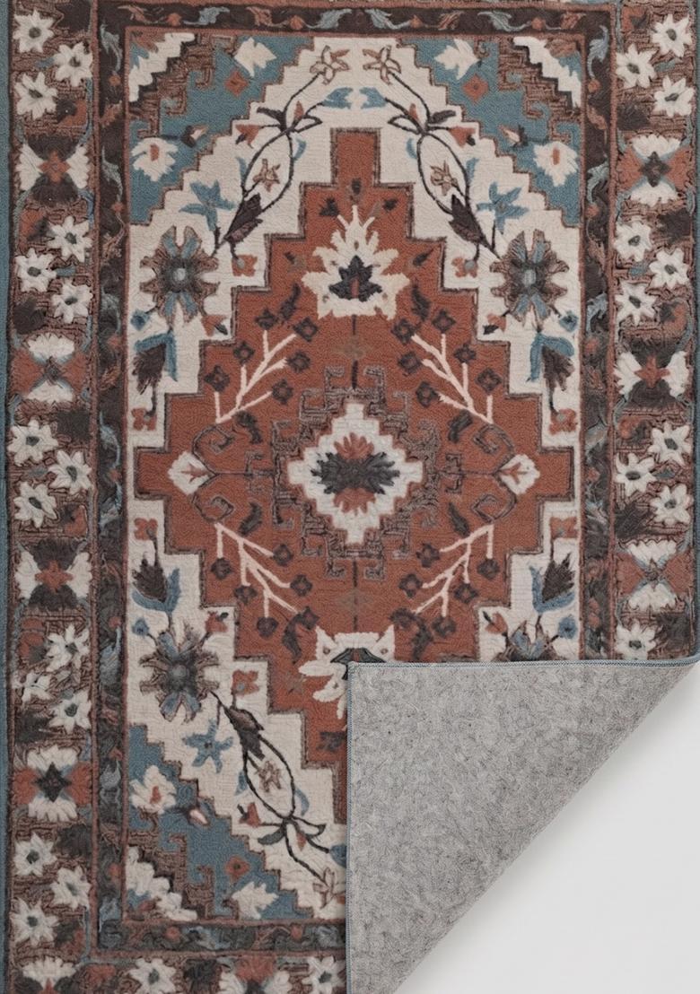 Saffron Rugs Terracotta Brown Oriental Floral Hand Tufted Wool Rectangular Rug - Indya