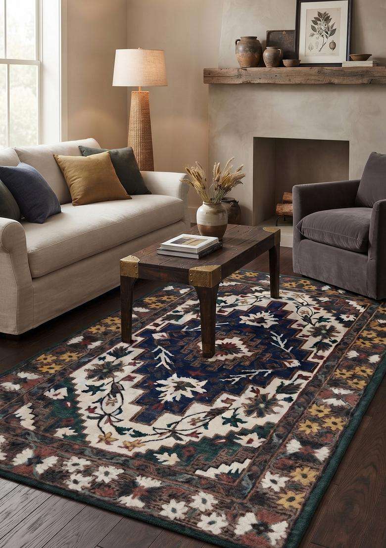 Saffron Rugs Hand-Tufted 100% Wool Area Rug | Ivory Navy Blue Rectangular Rug | Cotton Backing | Oriental Geometric Carpet for Living Room - Indya