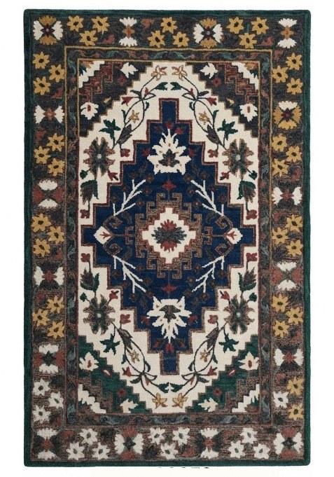 Saffron Rugs Hand-Tufted 100% Wool Area Rug | Ivory Navy Blue Rectangular Rug | Cotton Backing | Oriental Geometric Carpet for Living Room