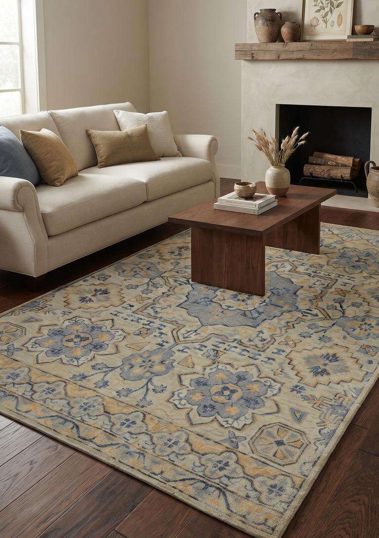 Saffron Rugs Hand-Tufted 100% Wool Area Rug | Blue Beige Rectangular Rug | Cotton Backing | Oriental Geometric Carpet for Living Room - Indya