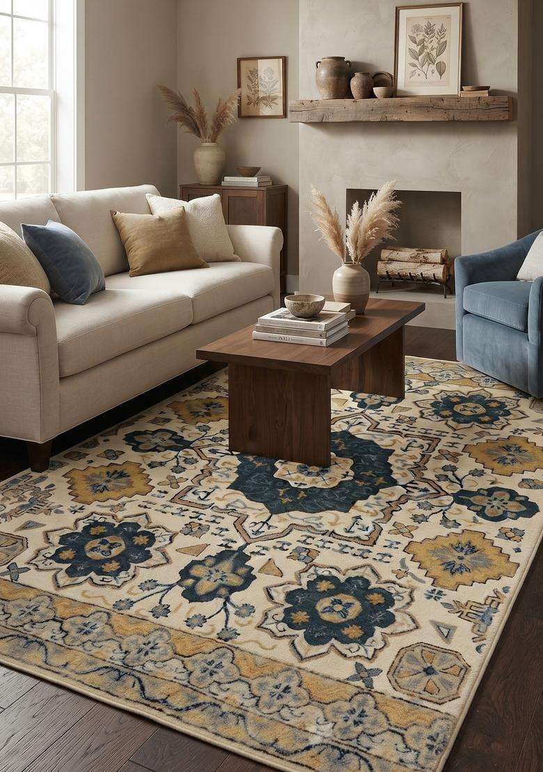 Saffron Rugs Hand-Tufted 100% Wool Area Rug | Cream Blue Gold Rectangular Rug | Cotton Backing | Classic Geometric Carpet for Living Room - Indya