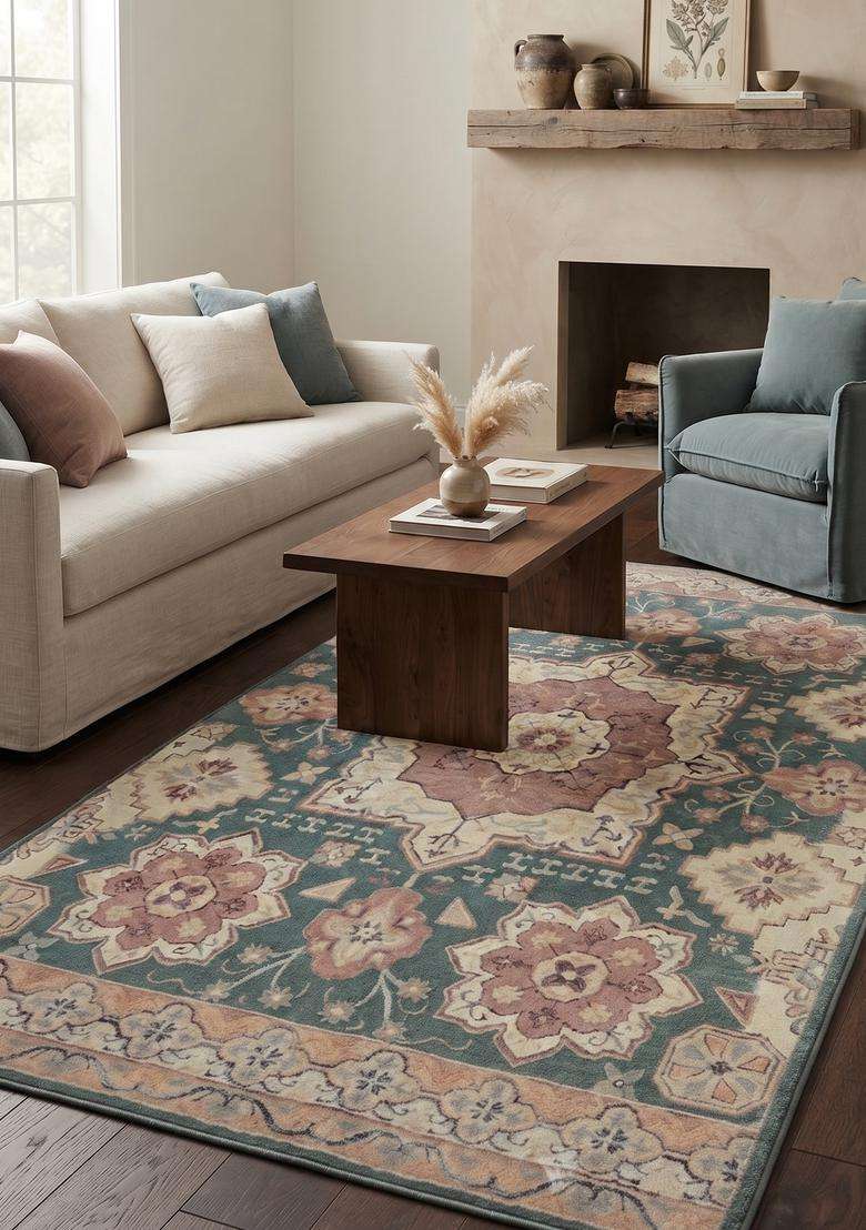 Saffron Rugs Hand-Tufted 100% Wool Area Rug | Teal Green Rectangular Rug | Cotton Backing | Oriental Geometric Carpet for Living Room - Indya