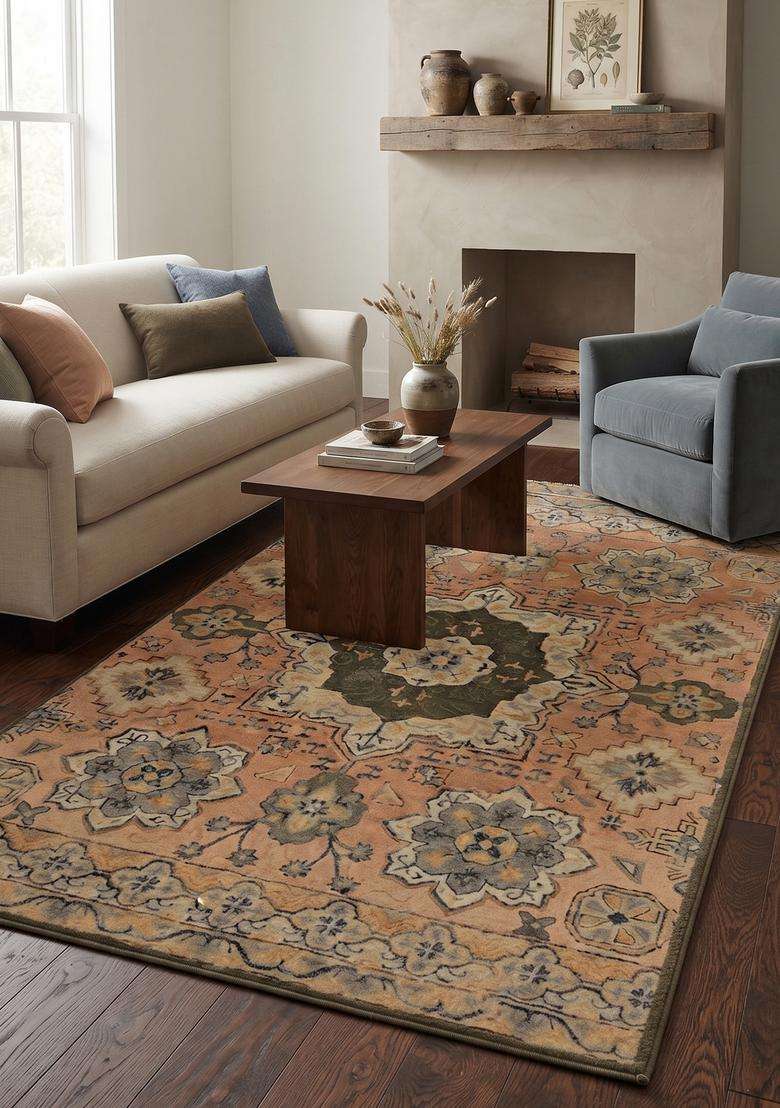 Saffron Rugs Terracotta Coral Oriental Geometric Hand Tufted Wool Rectangular Rug - Indya