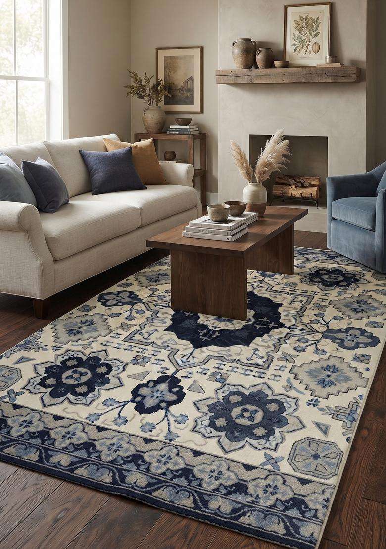 Saffron Rugs Hand-Tufted 100% Wool Area Rug | Ivory Navy Blue Rectangular Rug | Cotton Backing | Oriental Floral Carpet for Living Room - Indya