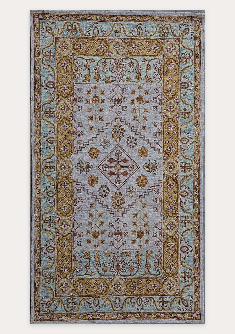 Saffron Rugs Cream Gold Oriental Floral Hand Tufted Wool Rectangular Rug - Indya