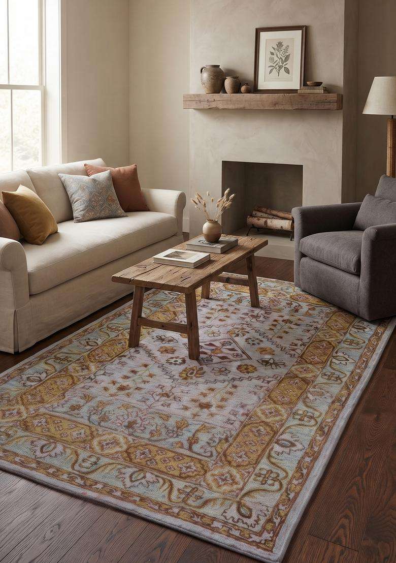 Saffron Rugs Hand-Tufted 100% Wool Area Rug | Cream Gold Rectangular Rug | Cotton Backing | Oriental Floral Carpet for Living Room - Indya