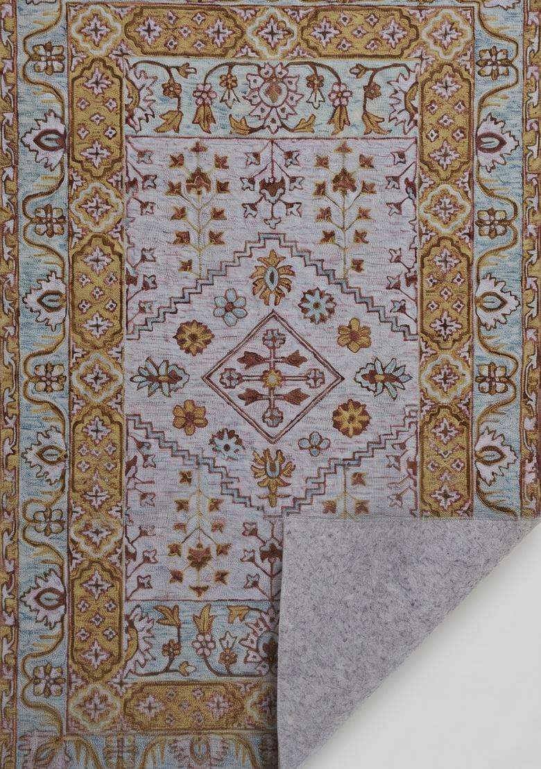 Saffron Rugs Cream Gold Oriental Floral Hand Tufted Wool Rectangular Rug - Indya