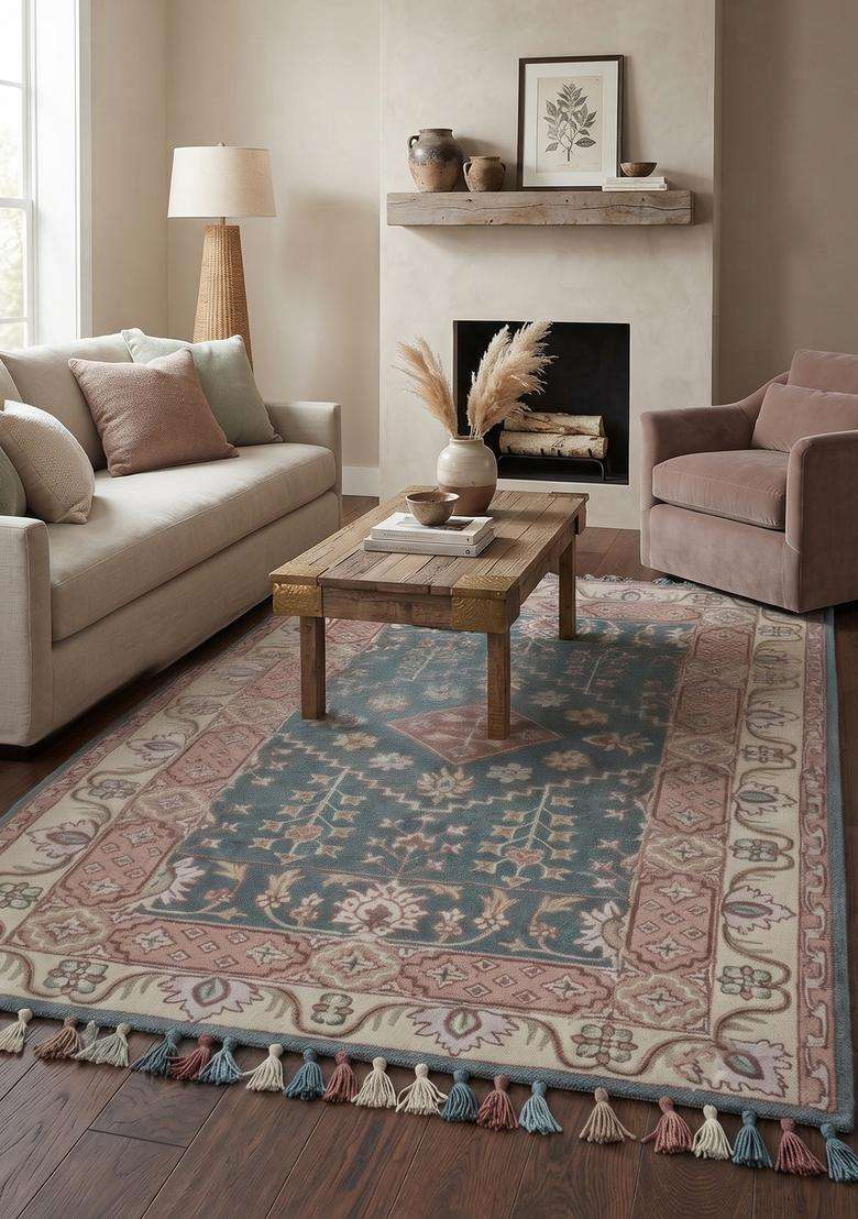 Saffron Rugs Teal Blue Oriental Floral Hand Tufted Wool Rectangular Rug - Indya