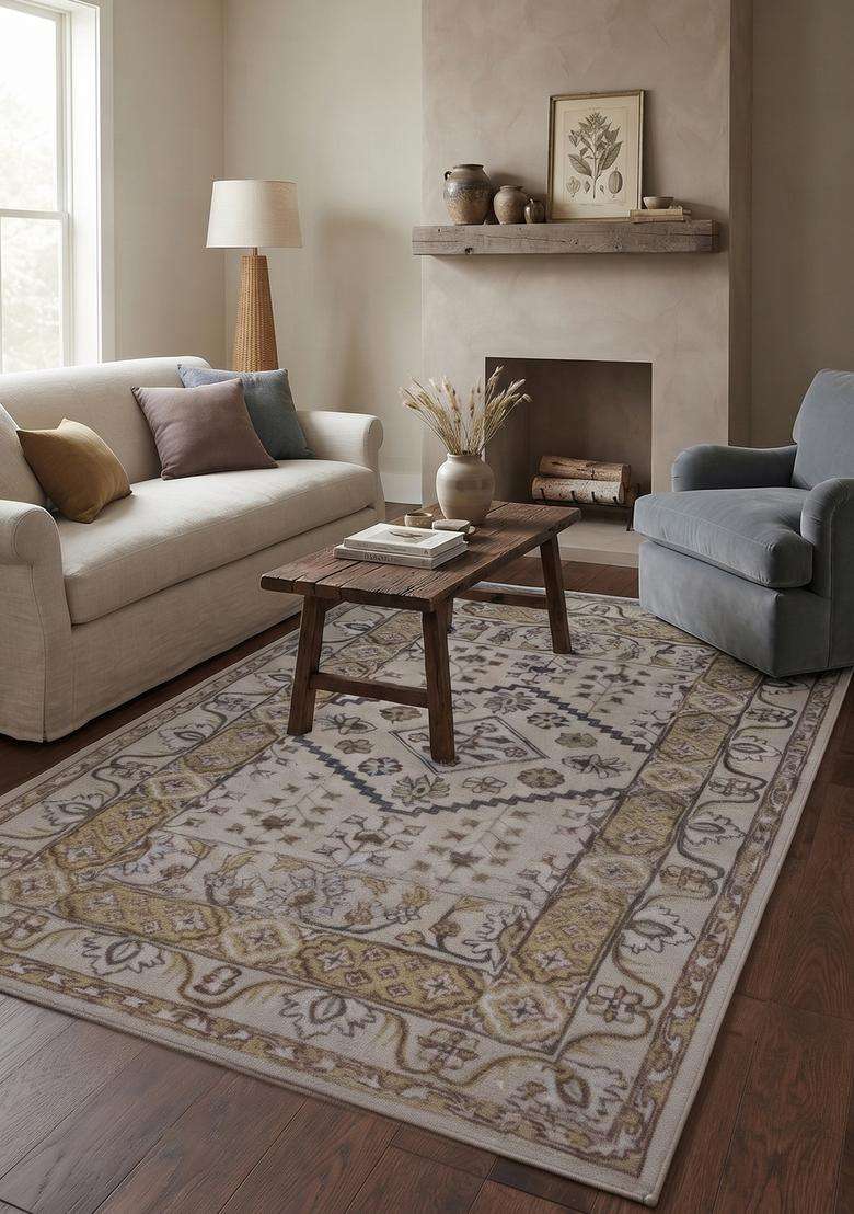 Saffron Rugs Hand-Tufted 100% Wool Area Rug | Beige Rectangular Rug | Cotton Backing | Oriental Floral Carpet for Living Room - Indya