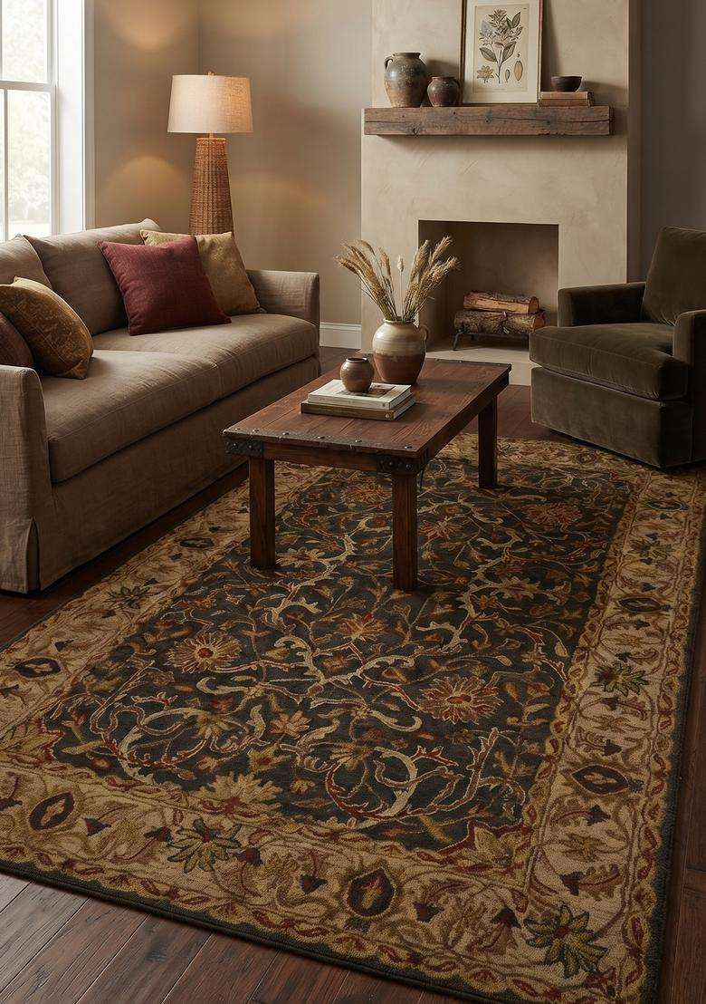 Saffron Rugs Dark Brown Beige Classic Floral Hand Tufted Wool Rectangular Rug - Indya
