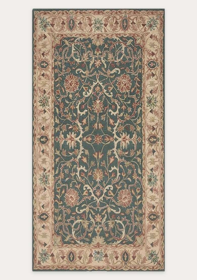 Saffron Rugs Steel Blue Old World Floral Hand Tufted Wool Rectangular Rug - Indya