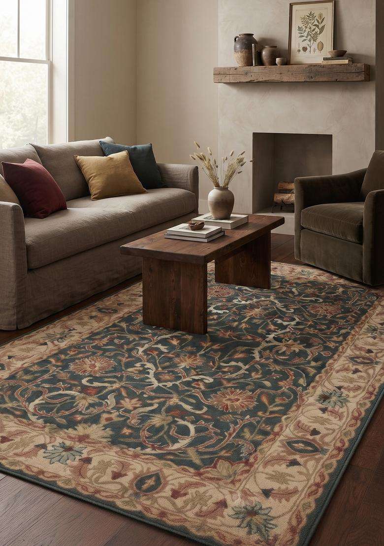 Saffron Rugs Hand-Tufted 100% Wool Area Rug | Steel Blue Rectangular Rug | Cotton Backing | Old World Floral Carpet for Living Room - Indya