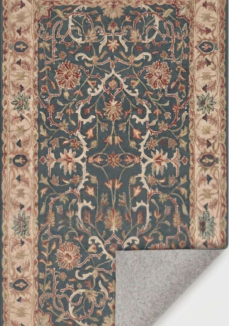 Saffron Rugs Steel Blue Old World Floral Hand Tufted Wool Rectangular Rug - Indya