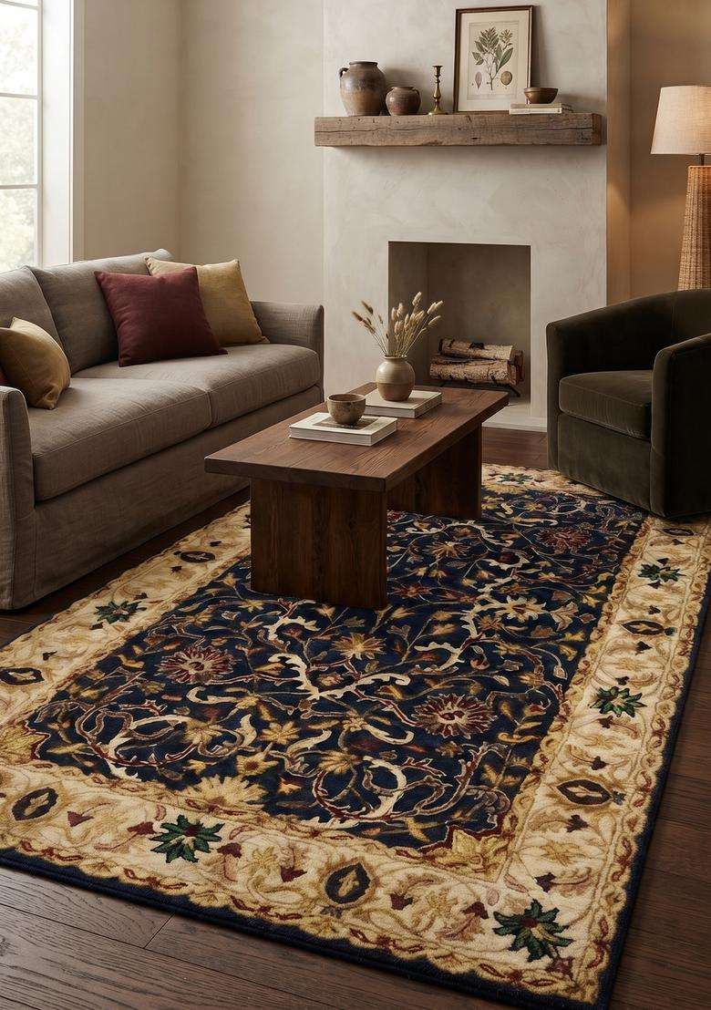 Saffron Rugs Hand-Tufted 100% Wool Area Rug | Navy Blue Rectangular Rug | Cotton Backing | Oriental Floral Carpet for Living Room - Indya